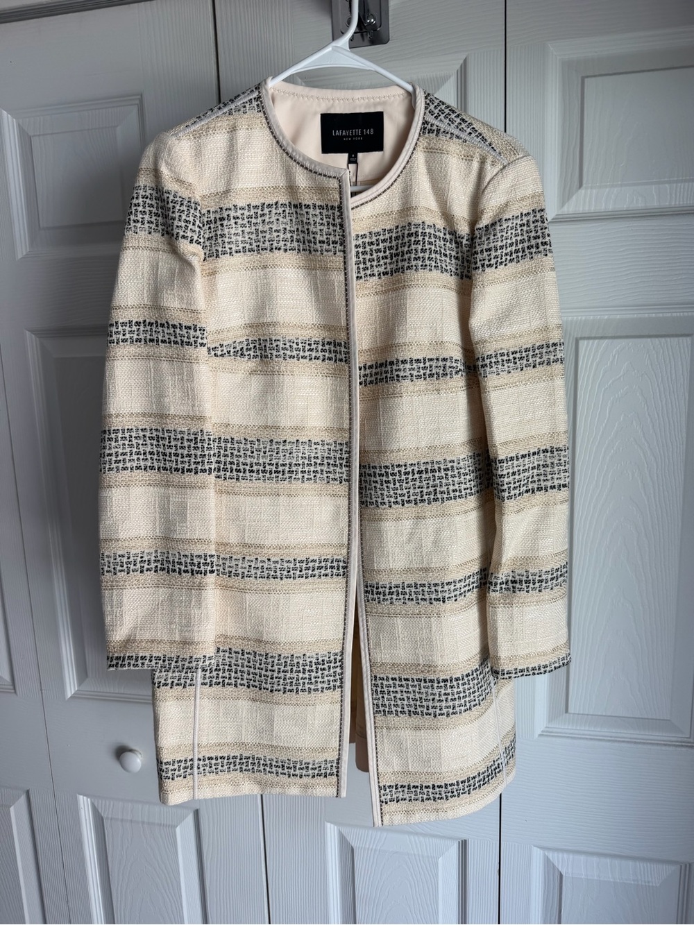 Lafayette 148 New York Cream and Black Striped Collarless Coat